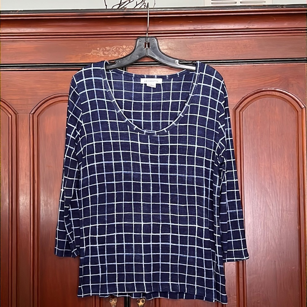 Liz Claiborne Grid Pattern Blue & White 3/4 Sleeve Size Medium